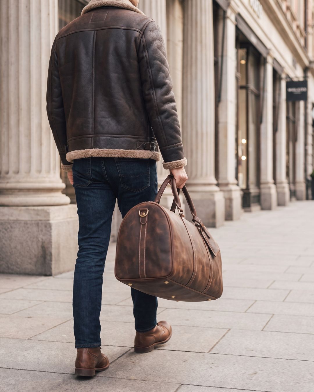 Outdoor Lifestyle view of Men's brown and dark brown crazy horse leather duffel bag with luggage tag and crossbody strap by Hudson & Tate.