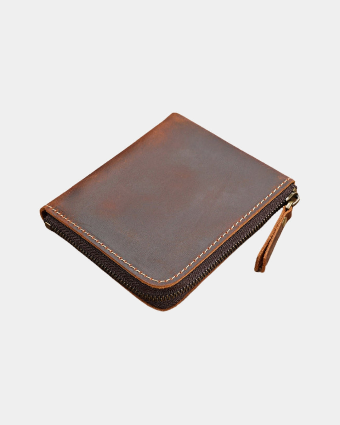 Compact brown genuine cowhide leather wallet with a secure full zip-around closure and contrast stitching.