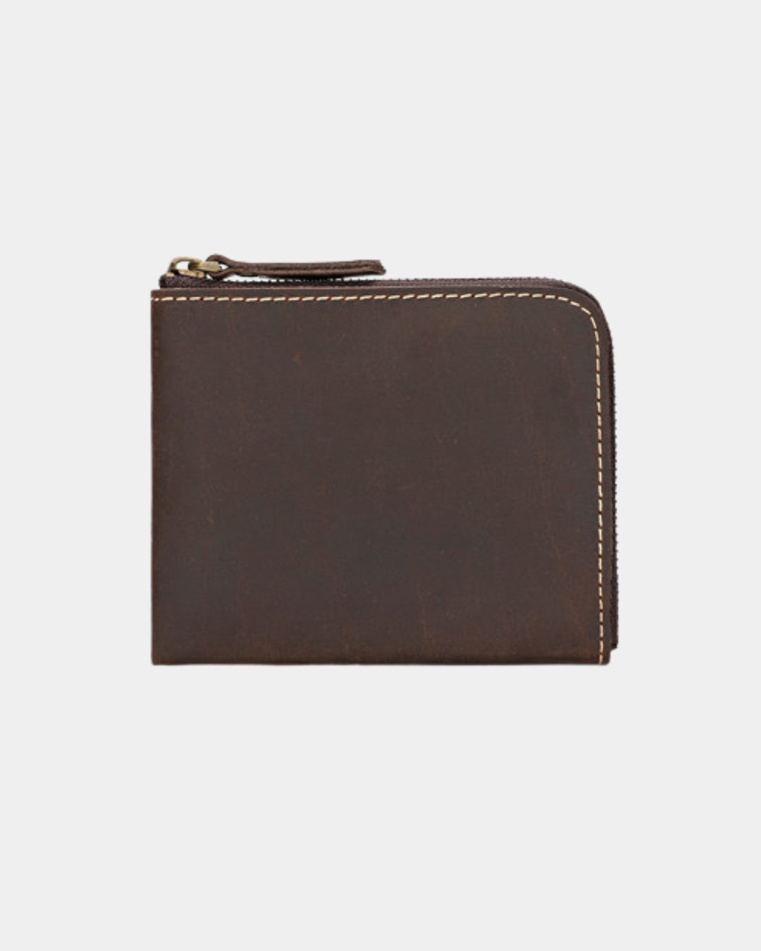 Compact dark brown genuine cowhide leather wallet with a secure zip-around closure and contrast stitching.