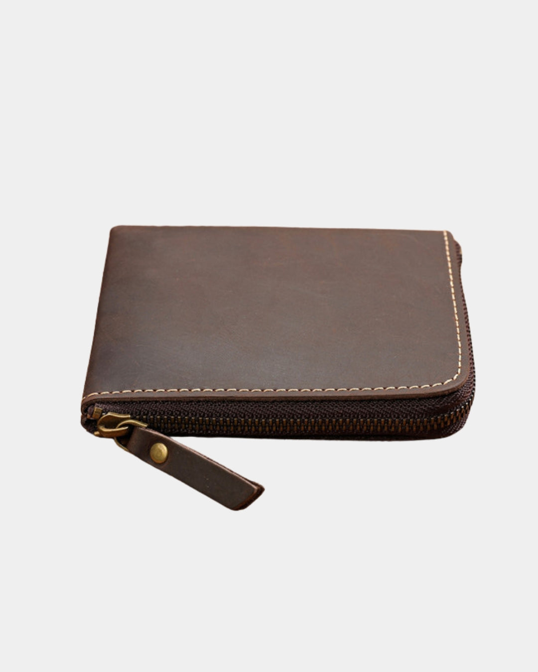 Compact brown genuine cowhide leather wallet with a secure full zip-around closure and contrast stitching.