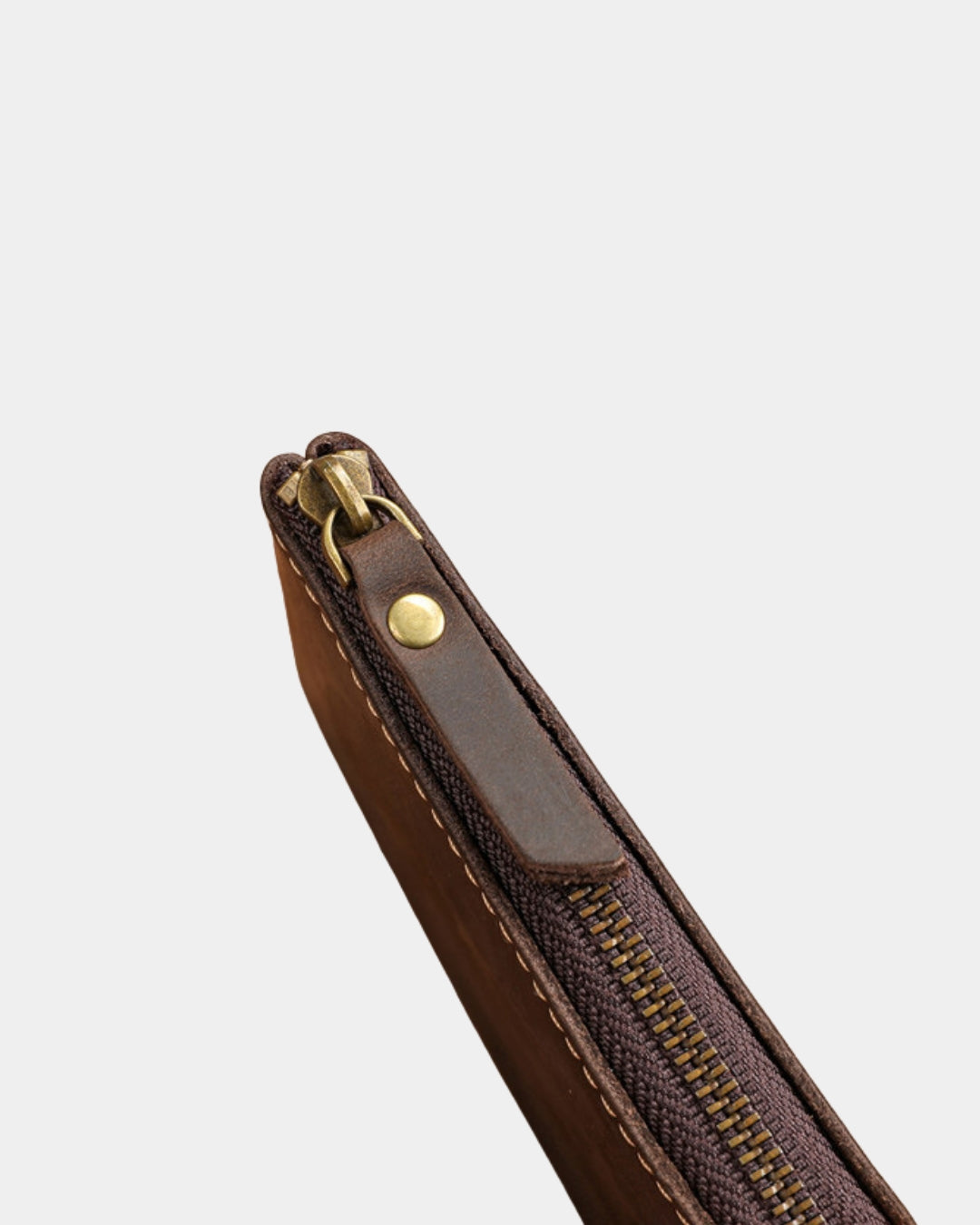 Brown genuine cowhide leather wallet with a secure brass-toned metal zipper and matching leather pull tab.