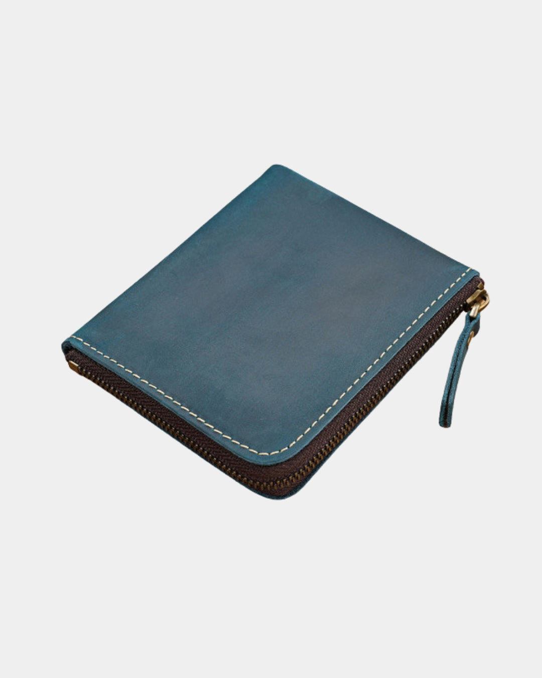 Blue genuine cowhide leather men's wallet with a secure full zip-around closure and contrast stitching.