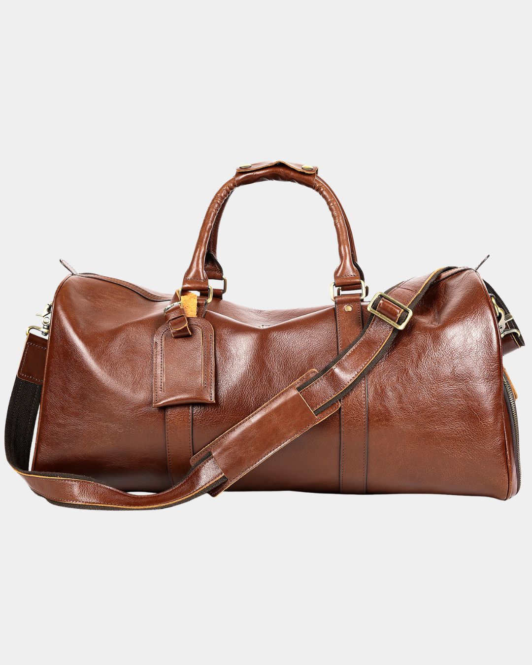 Detail of men's leather weekender duffel bag luggage tag and zip closure