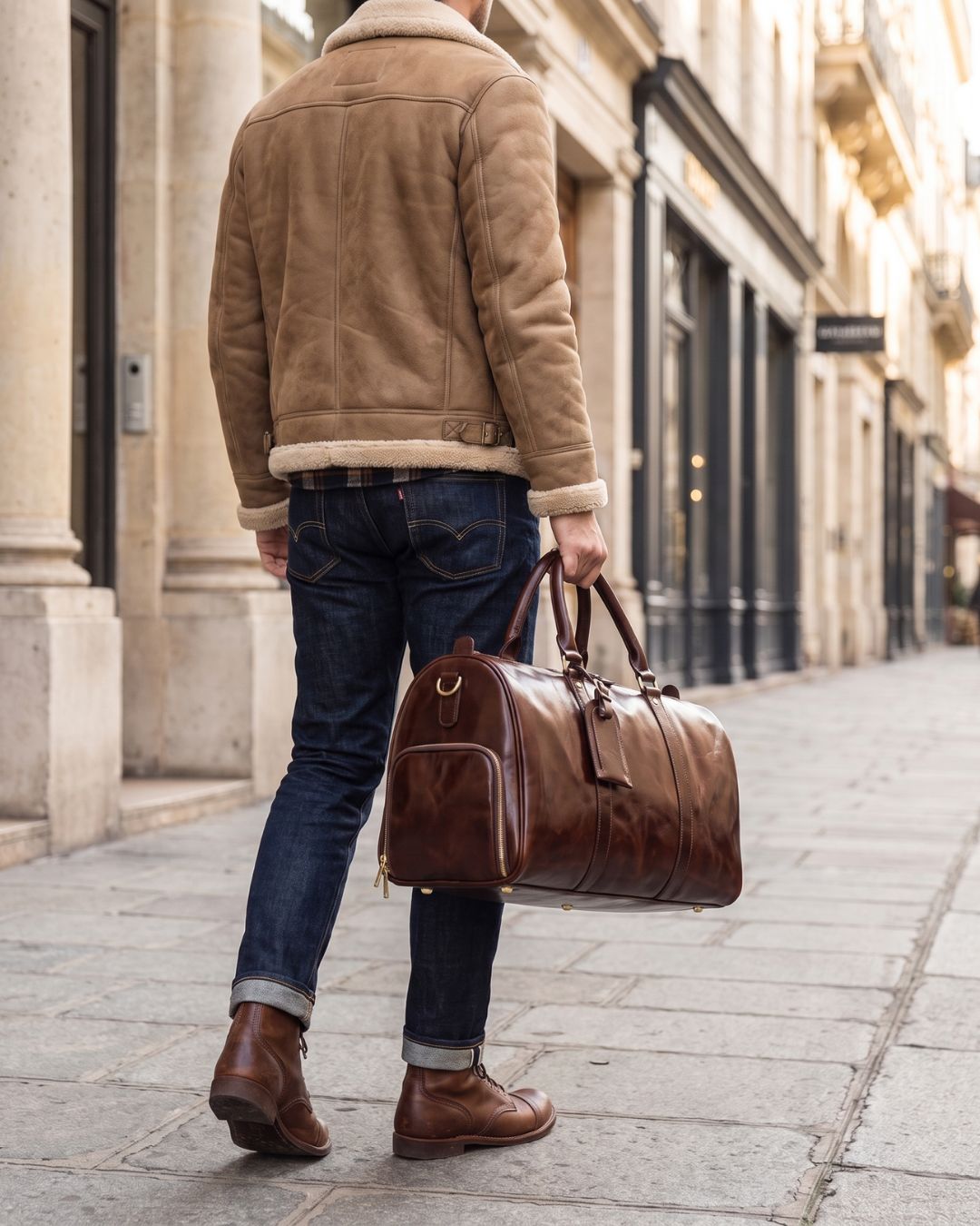 Detail of men's leather weekender duffel bag luggage tag and zip closure