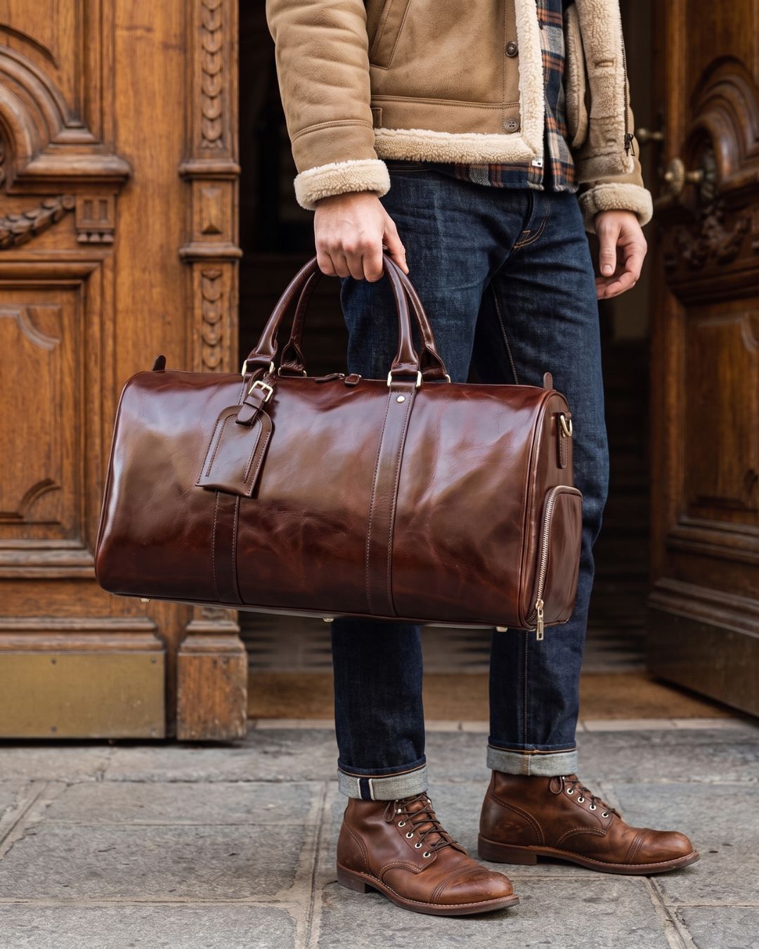 Detail of men's leather weekender duffel bag luggage tag and zip closure