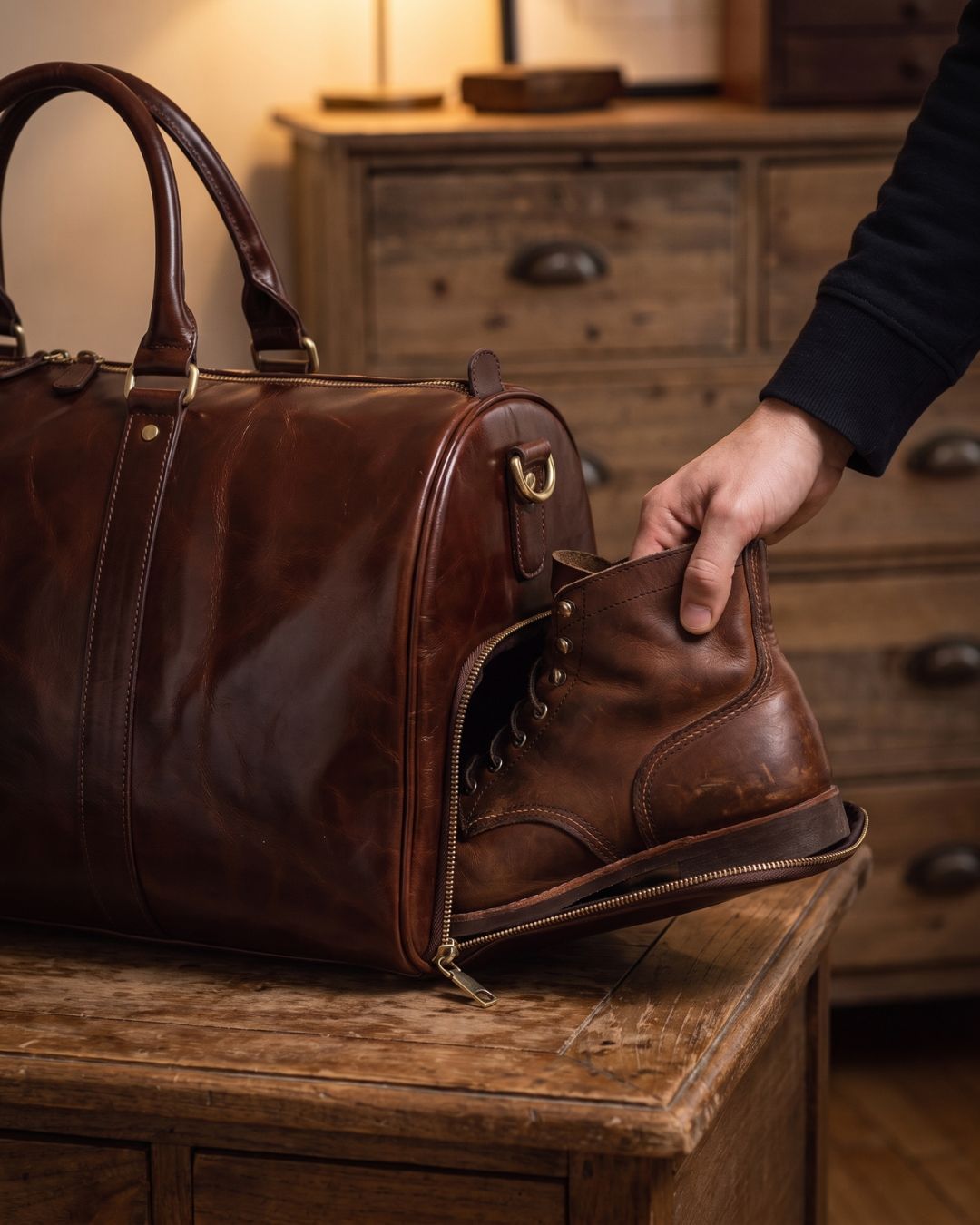 Detail of men's leather weekender duffel bag luggage tag and zip closure