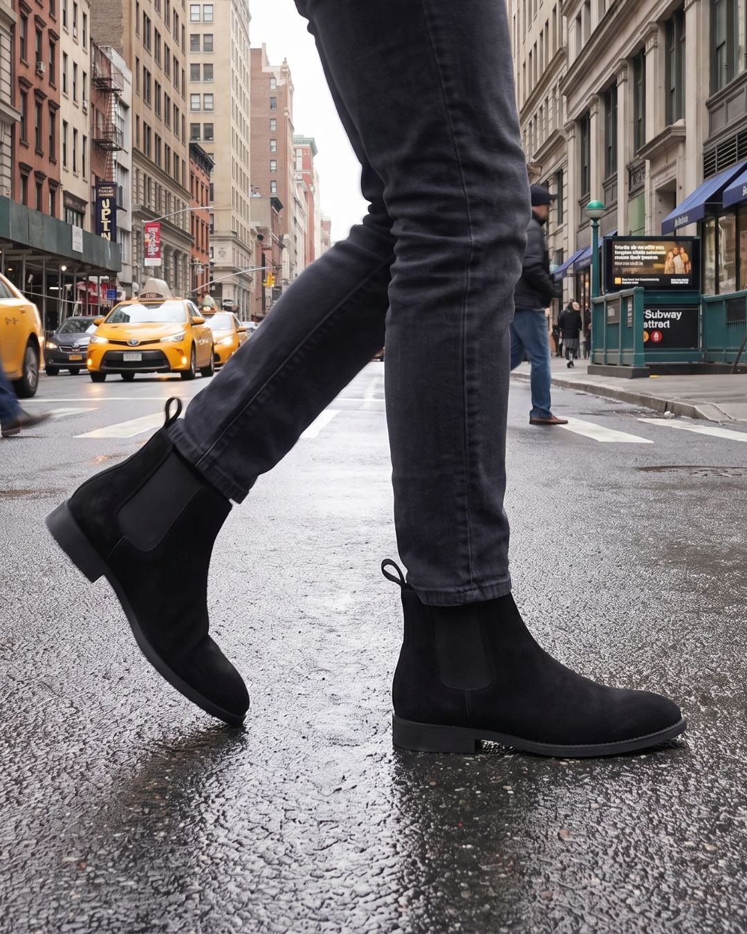 Black Chelsea boots worn with dark gray jeans, shown on a person walking across the street.