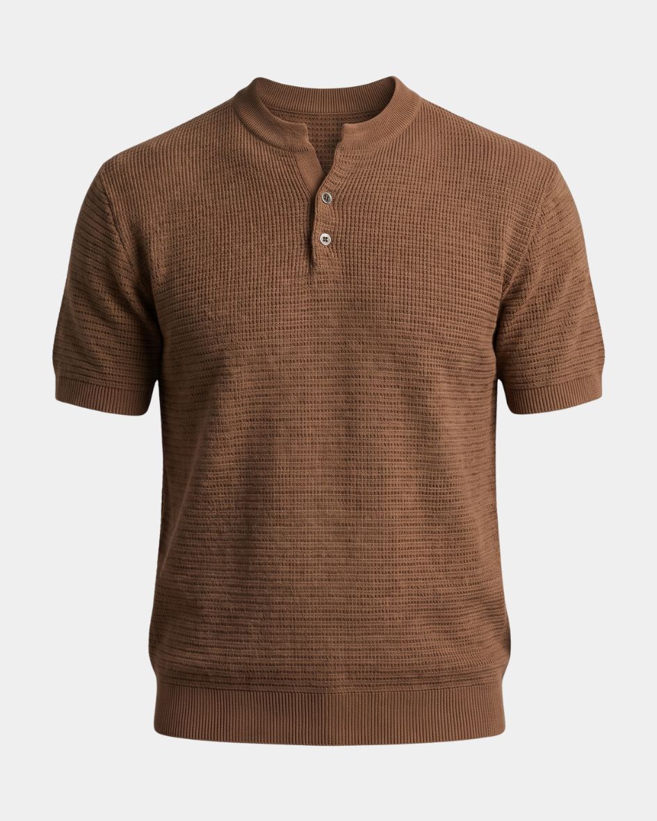 Brown short-sleeve henley shirt on a white background
