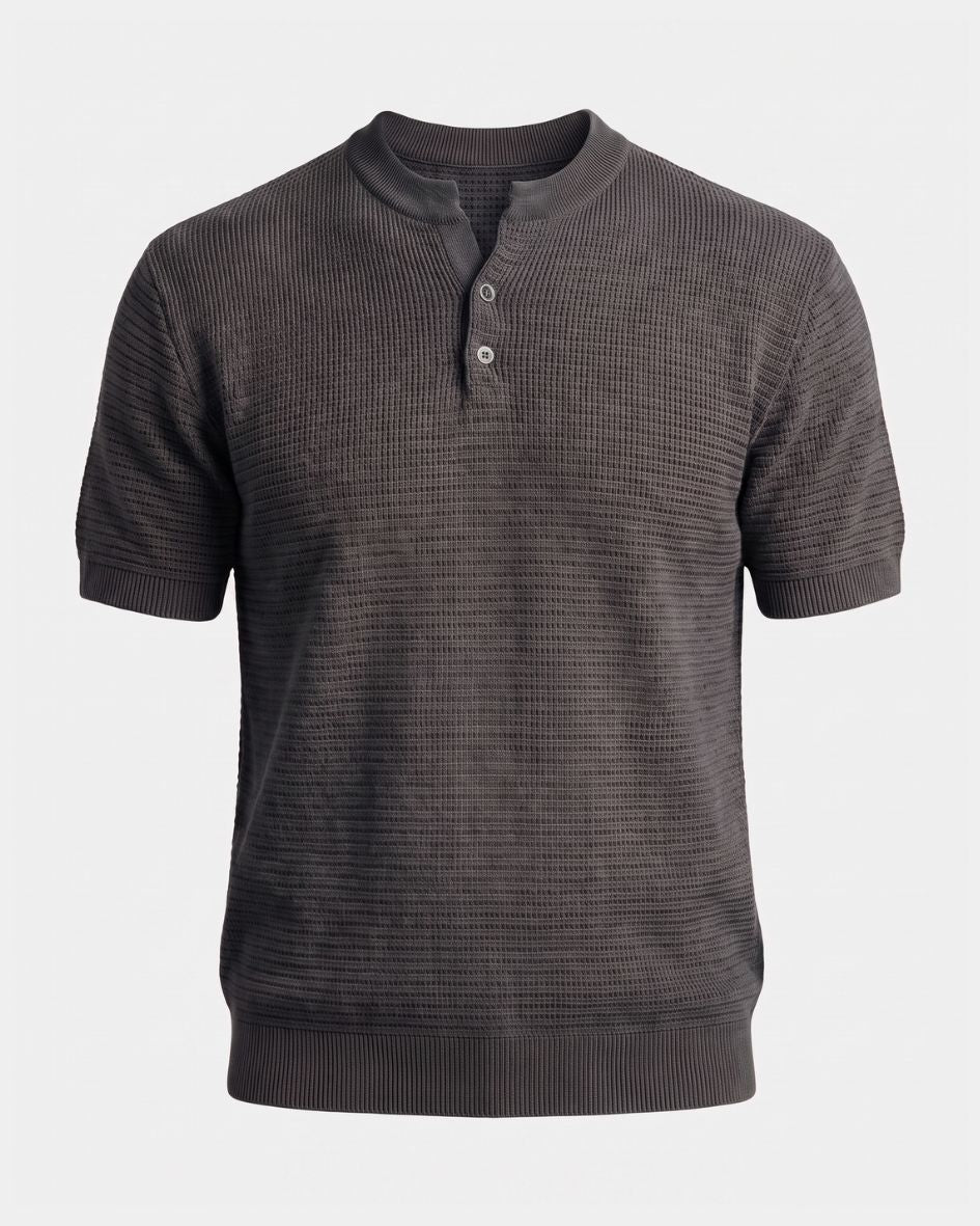 Dark gray short-sleeve henley shirt on a light gray background