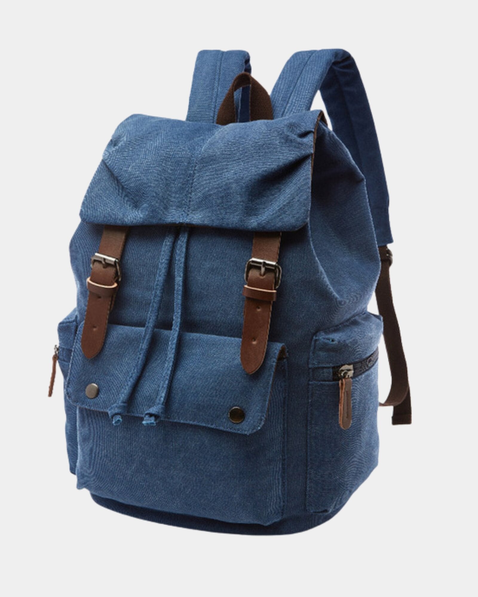 Angled view of Ashton Vintage Canvas Backpack in blue canvas