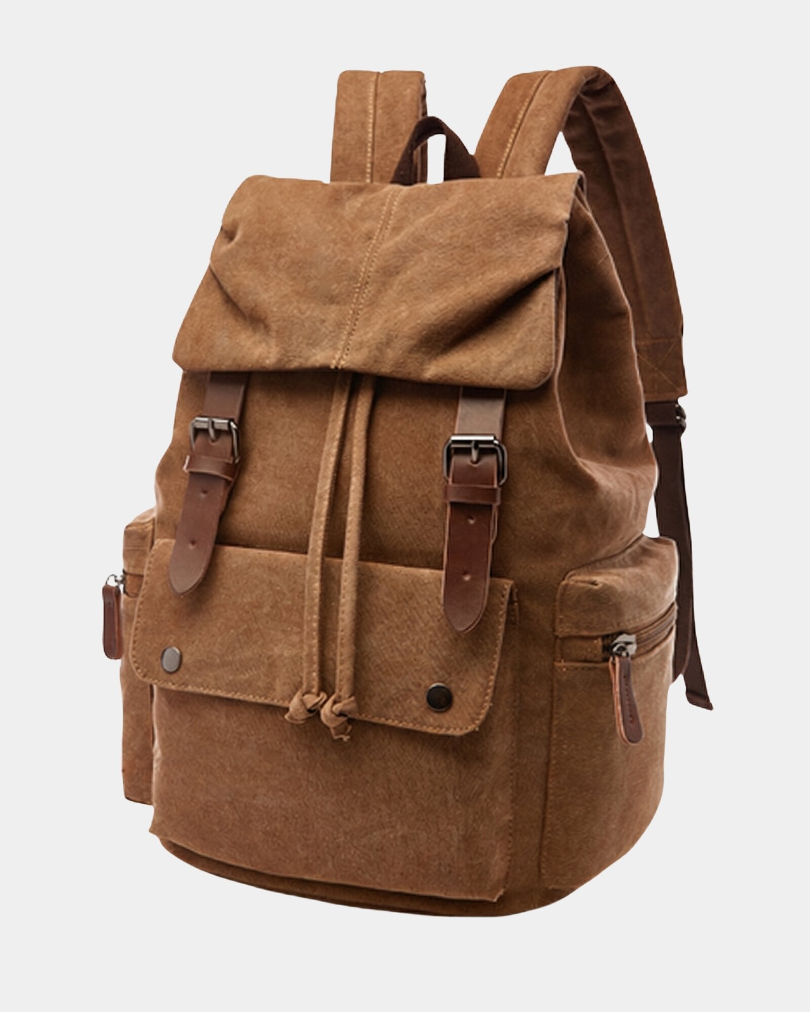 Ashton Vintage Canvas Backpack in brown side view with zip pocket