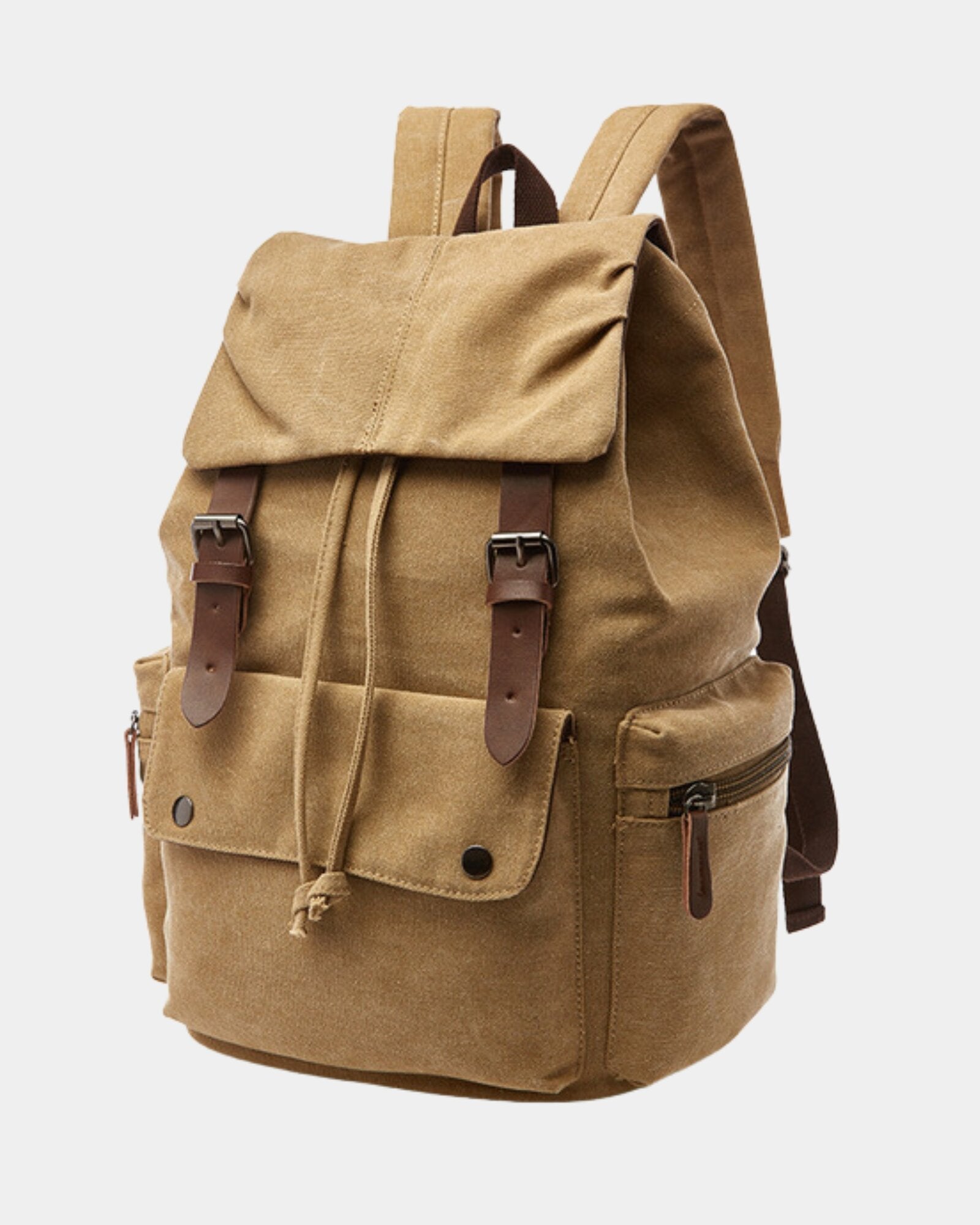 Angled view of Ashton Vintage Canvas Backpack in khaki canvas