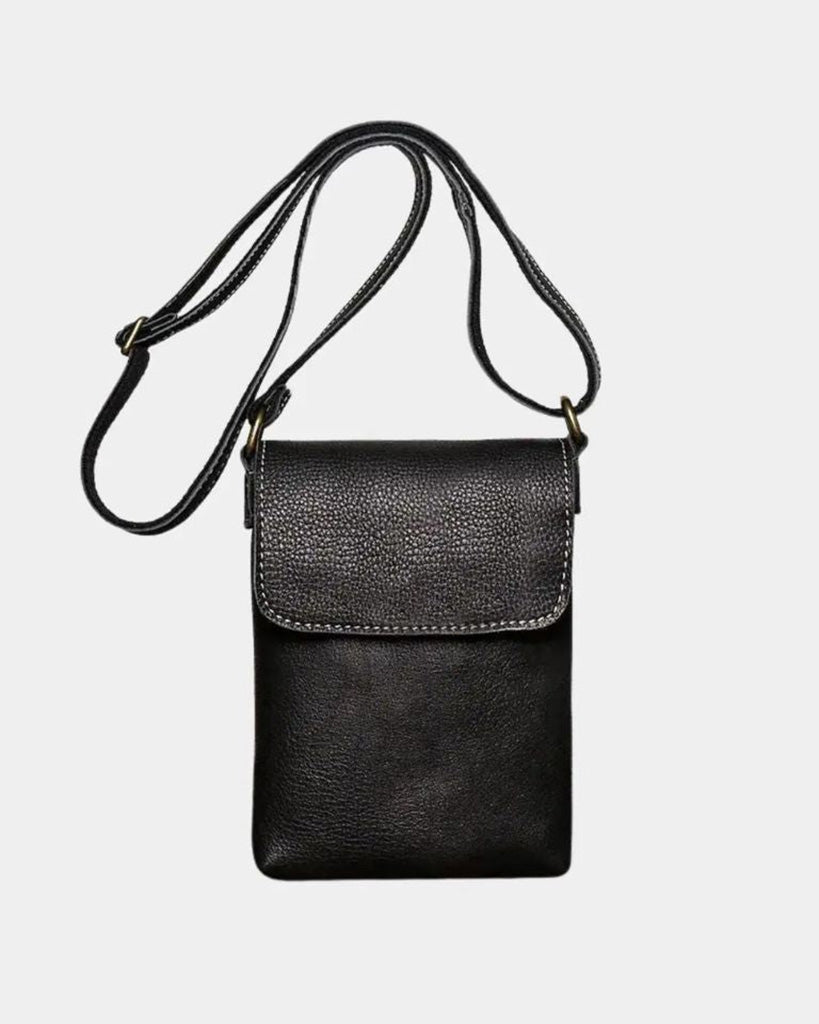 Front view of Brescia men's black genuine leather phone bag with contrast stitching and adjustable leather strap