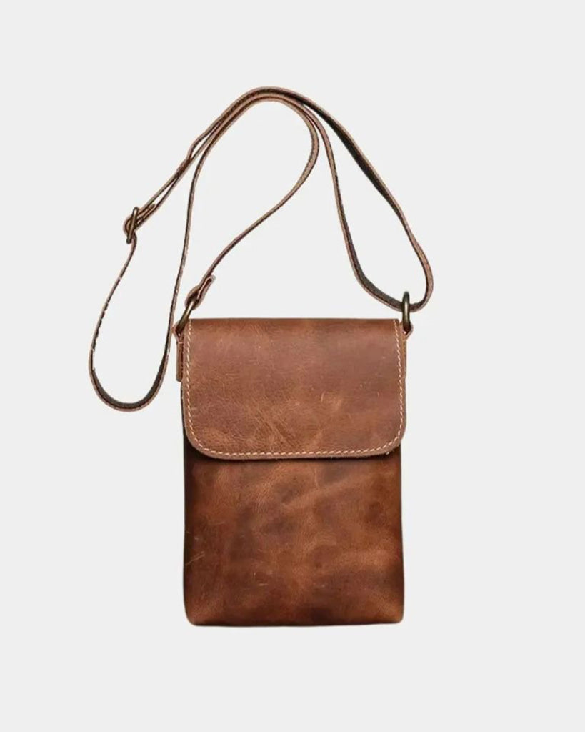 Front view of Brescia men's brown genuine leather phone bag with contrast stitching and adjustable leather strap