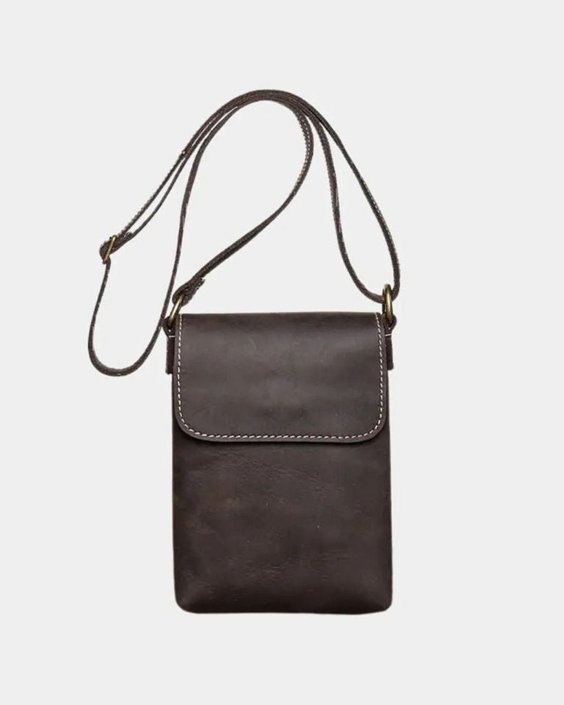 Front view of Brescia men's coffee genuine leather phone bag with contrast stitching and adjustable leather strap