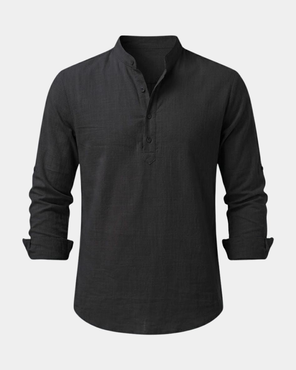 Black long-sleeve shirt on a light gray background