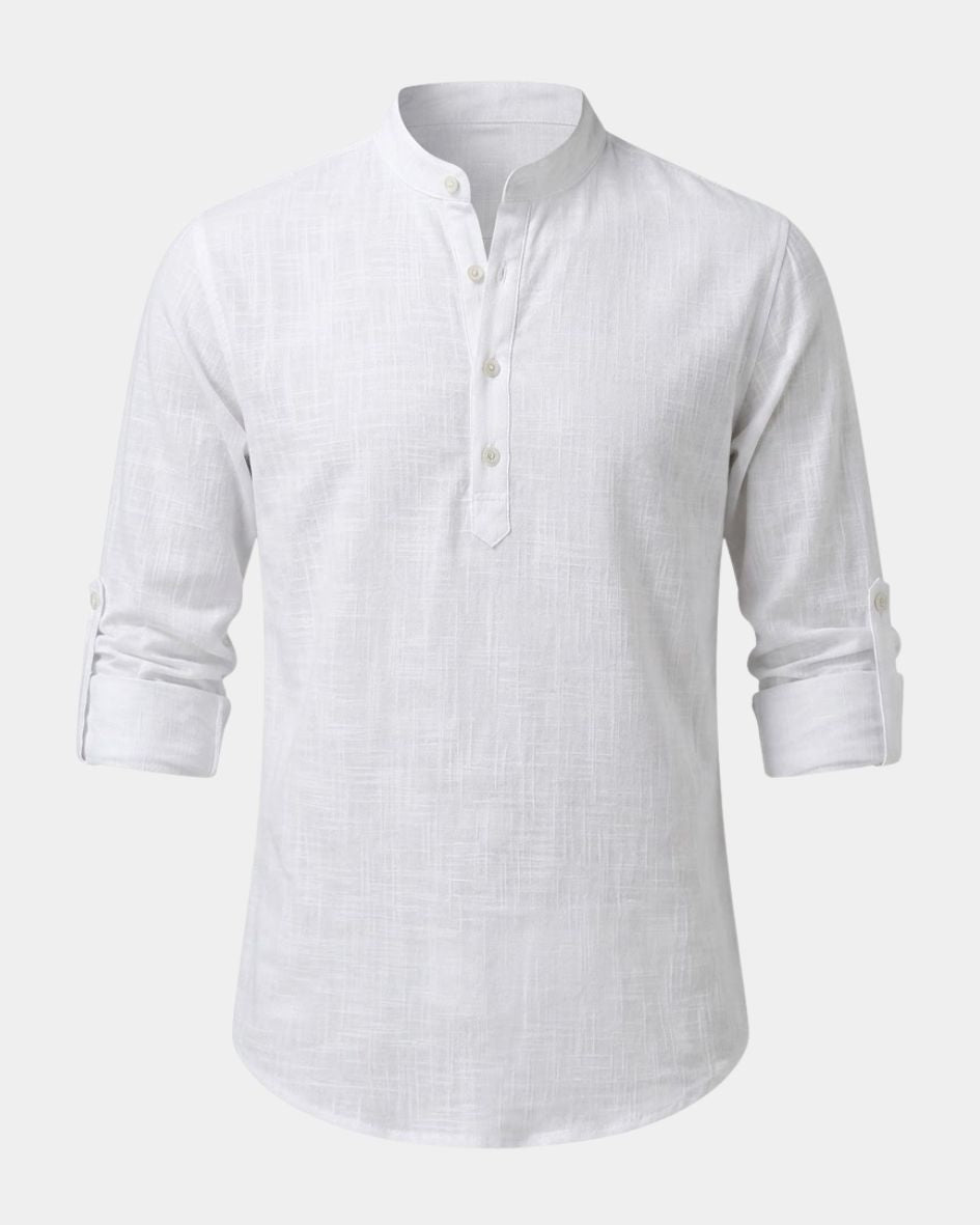 White linen shirt with rolled-up sleeves on a white background