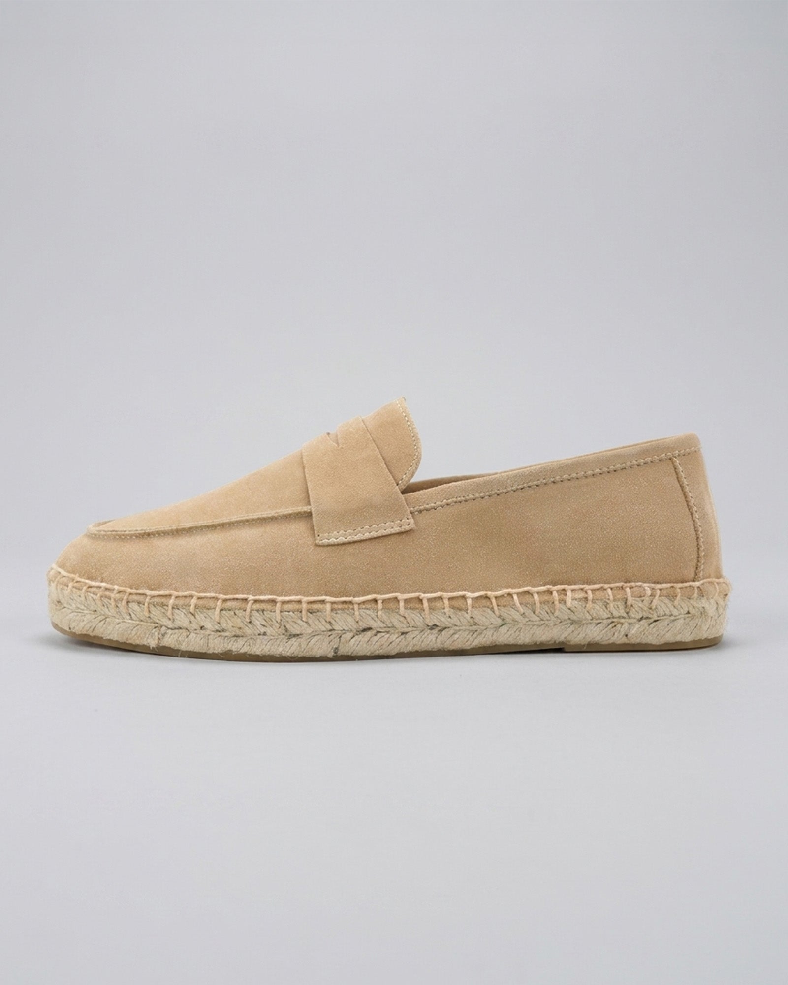 Side view of Cadiz men's beige suede espadrille loafer