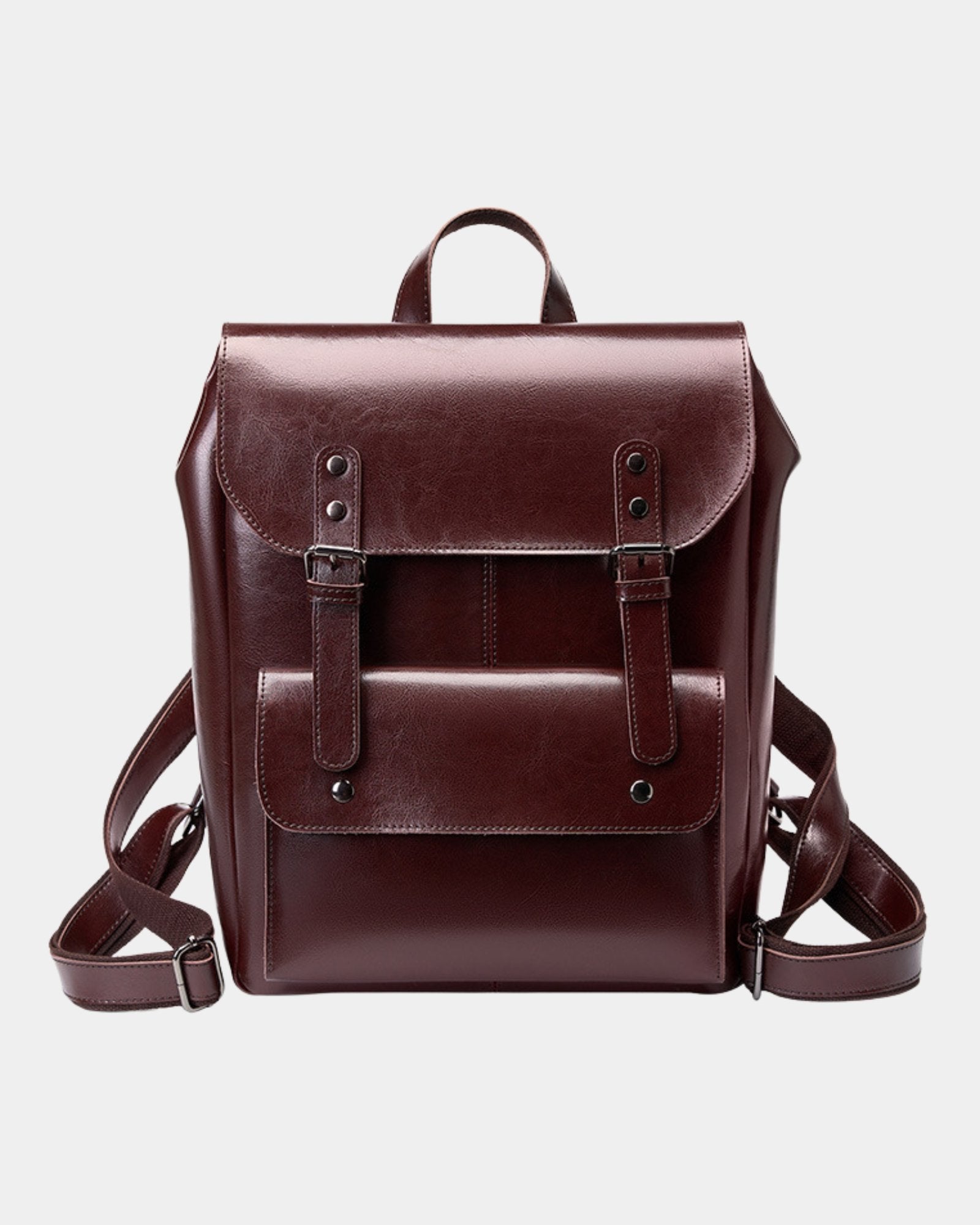 Front view of Cambridge burgundy leather backpack with dual buckle straps and dark metal hardware