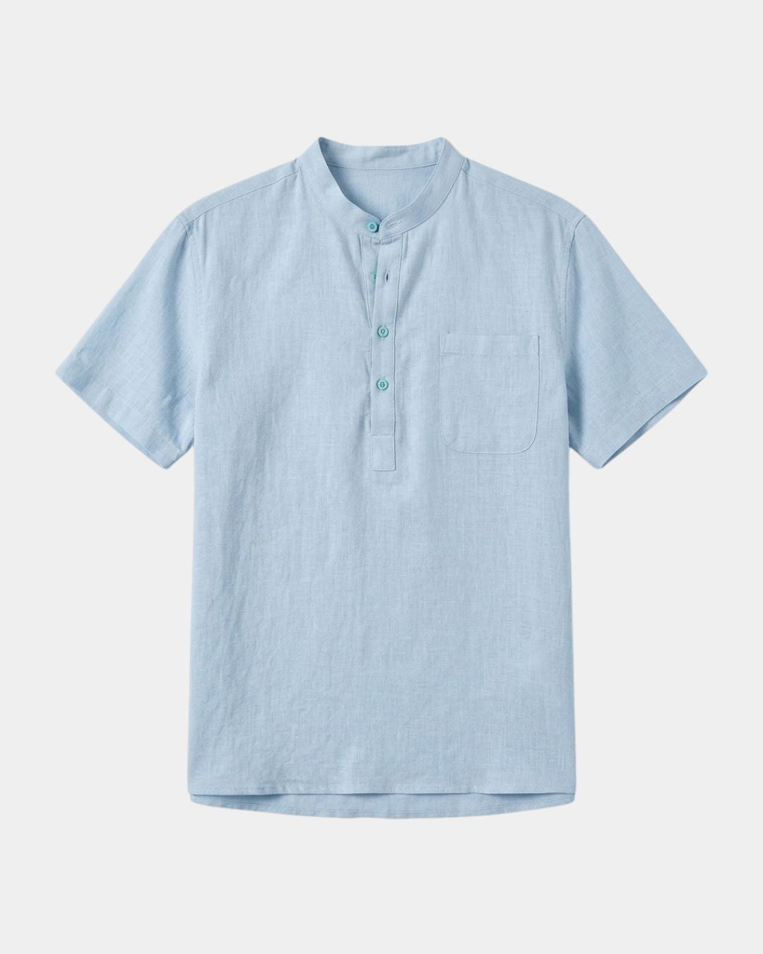 A light blue short-sleeve linen henley shirt with a three-button placket and a chest pocket, displayed flat against a light gray background.