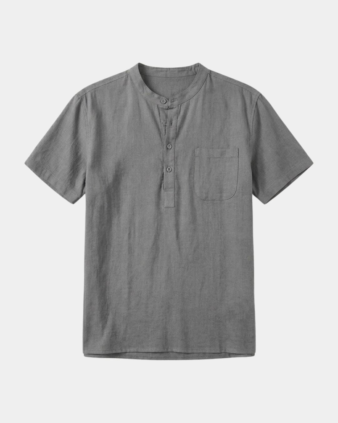 A short-sleeve gray linen henley shirt with a three-button placket and a chest pocket, displayed flat against a light gray background.