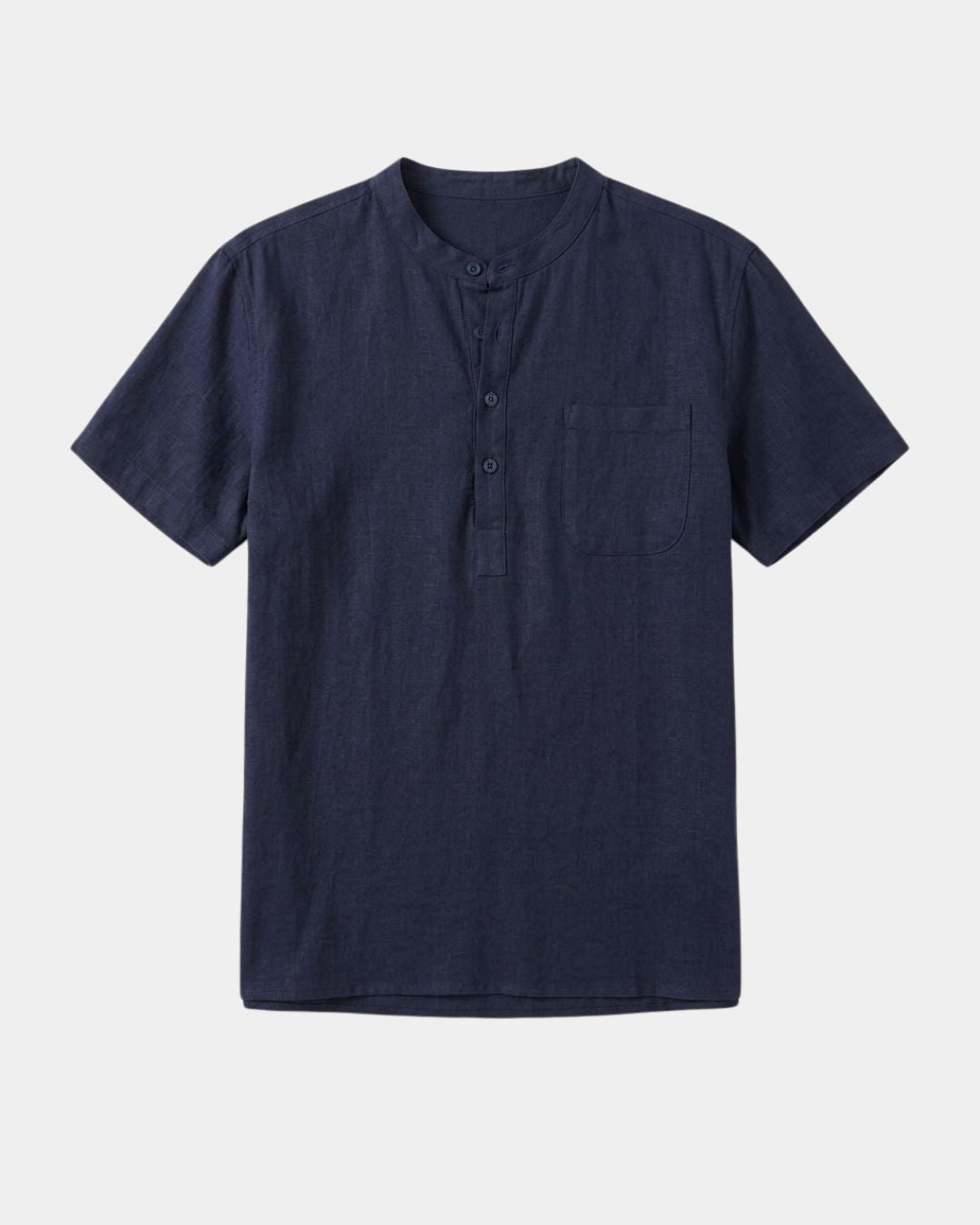 A dark navy blue short-sleeve henley shirt with a three-button placket and a chest pocket, displayed flat against a light gray background.