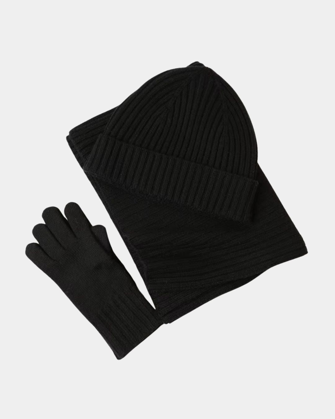 Black cashmere three-piece winter set featuring a ribbed beanie, long scarf, and matching knit gloves.