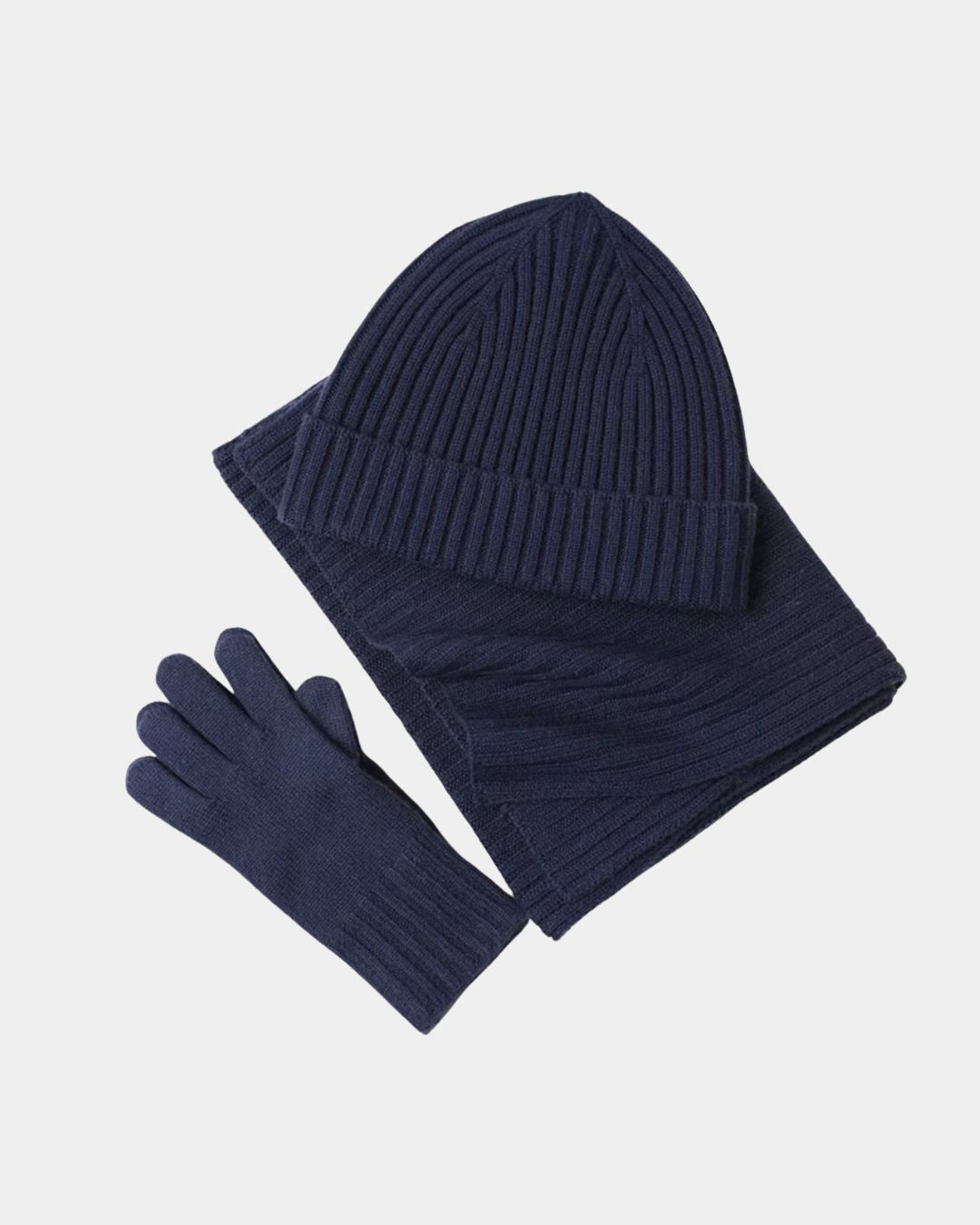 Navy blue cashmere winter set featuring a ribbed beanie, long scarf, and matching knit gloves for men and women.
