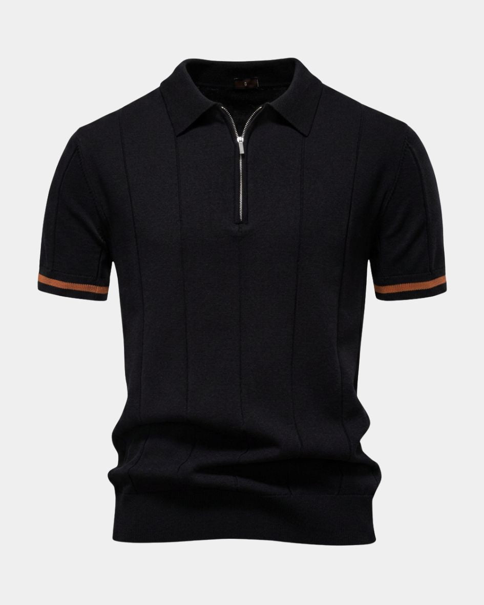Black polo shirt with brown trim on a white background