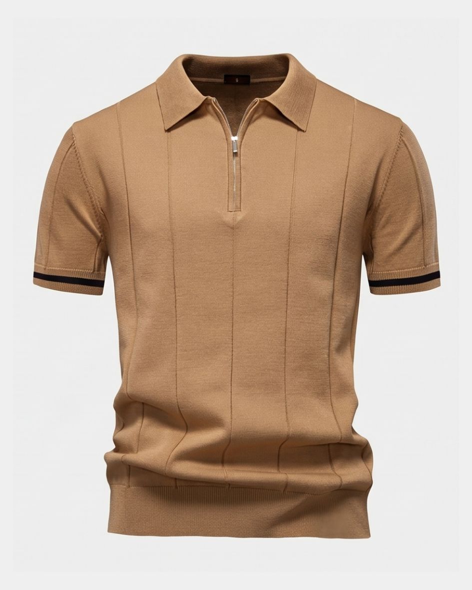 Camel polo shirt with black trim on a white background