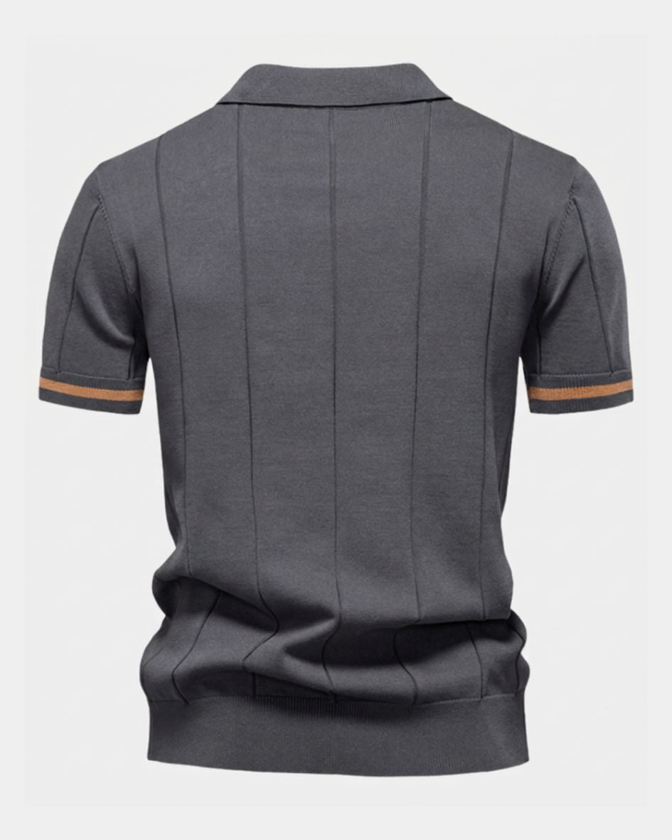 Gray polo shirt with brown trim on a white background