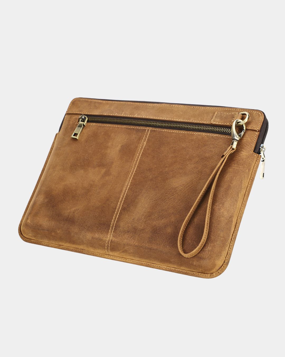 Tan Crazy Horse leather laptop sleeve for 14-inch MacBook with a front zip pocket and detachable wrist strap.