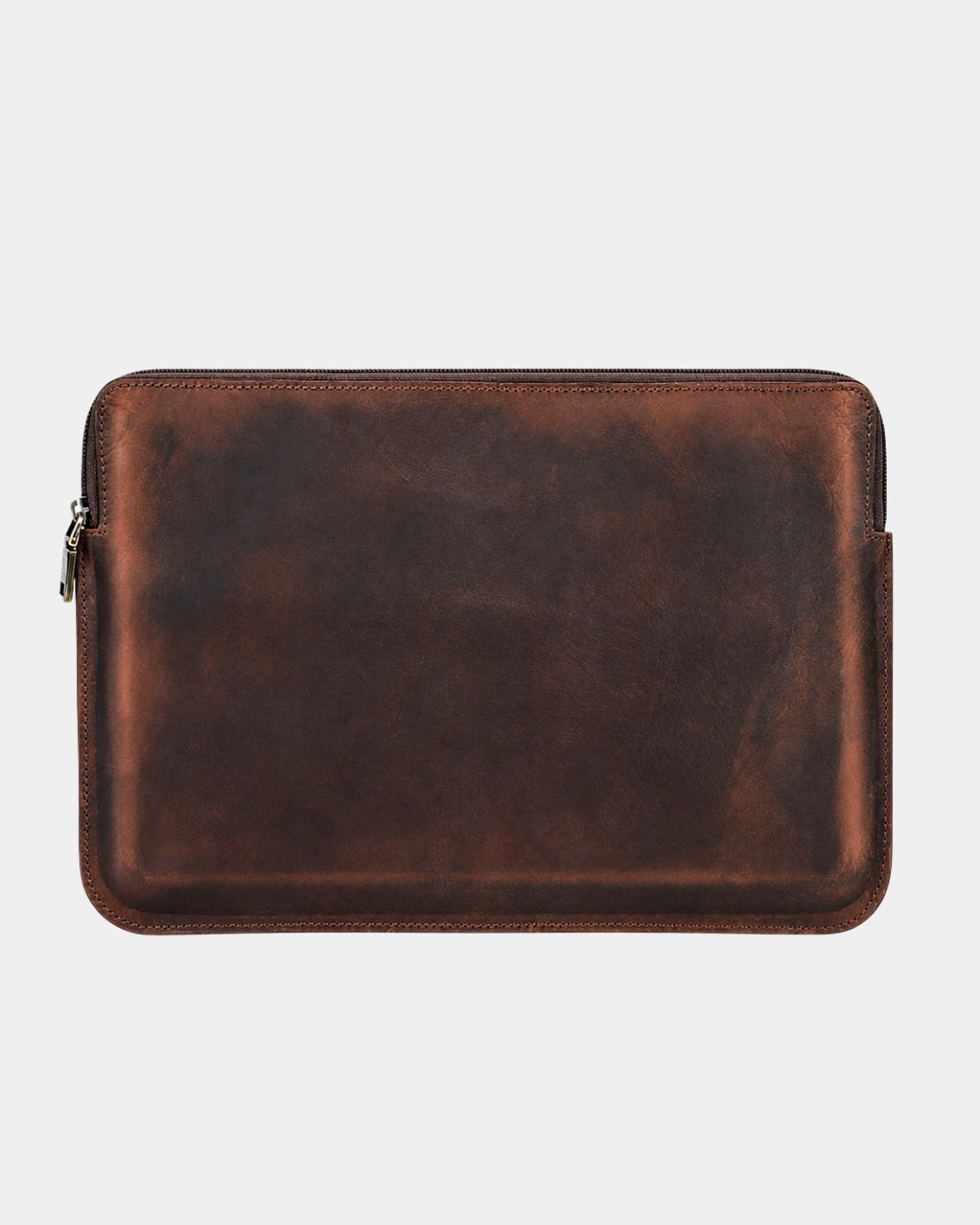 Distressed brown Crazy Horse leather laptop sleeve for 14-inch MacBook with a slim, zippered design.
