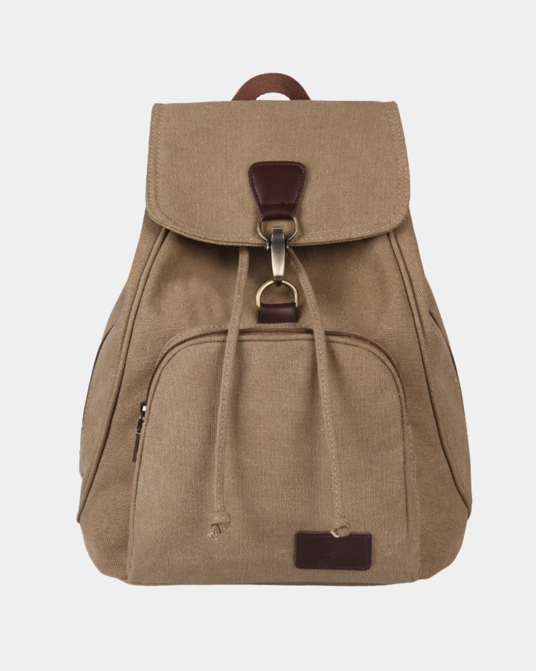 A canvas backpack in a warm tan color with dark brown leather accents, featuring a front zippered pocket and a top flap closure by Hudson & Tate.