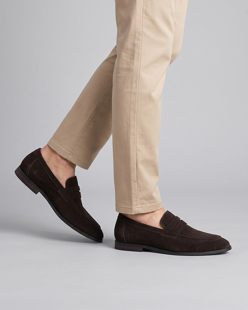 Harper men's dark brown suede penny loafers styled with beige chino trousers