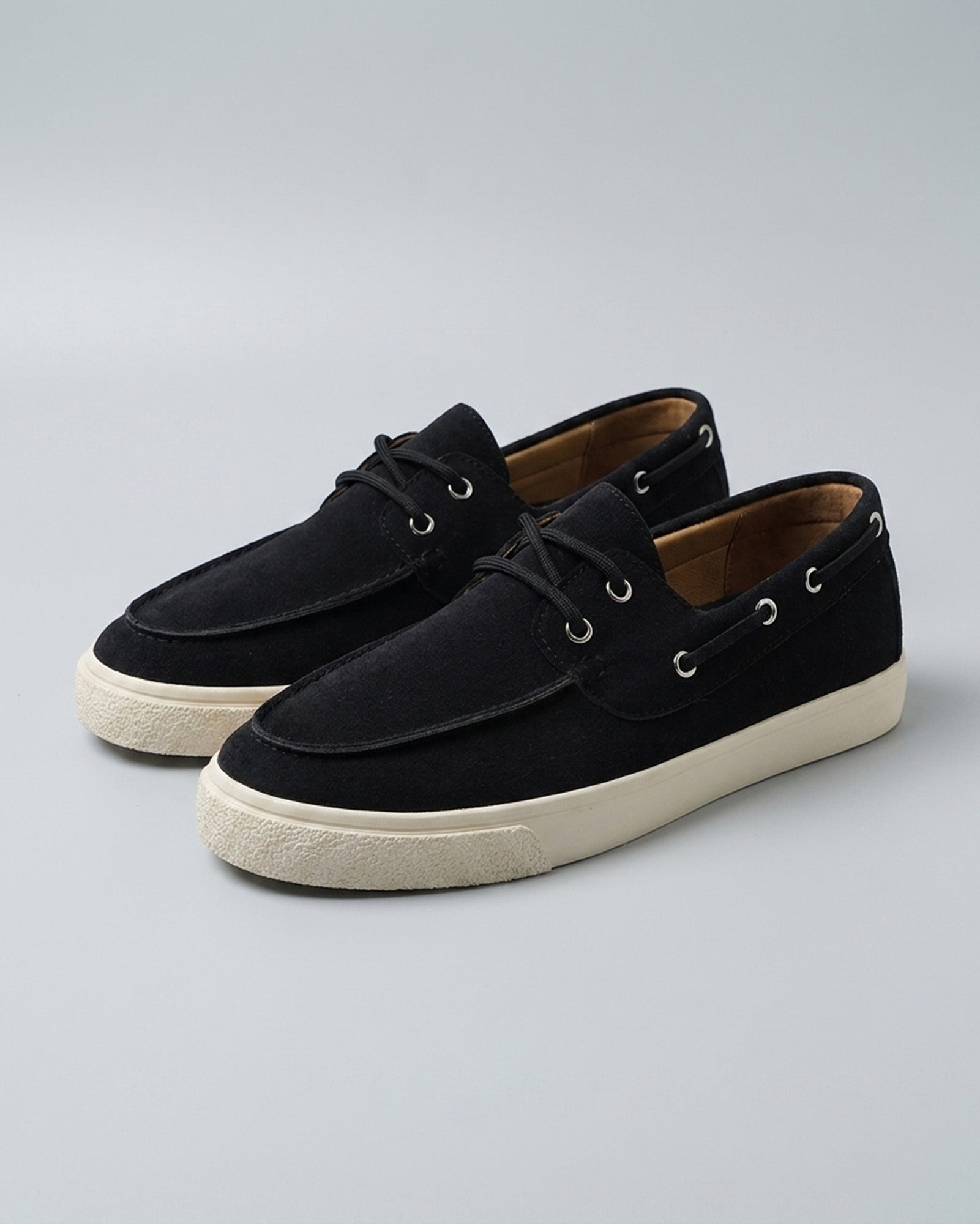 Pair of Harwich men's suede boat shoe sneakers in black with cream cupsole