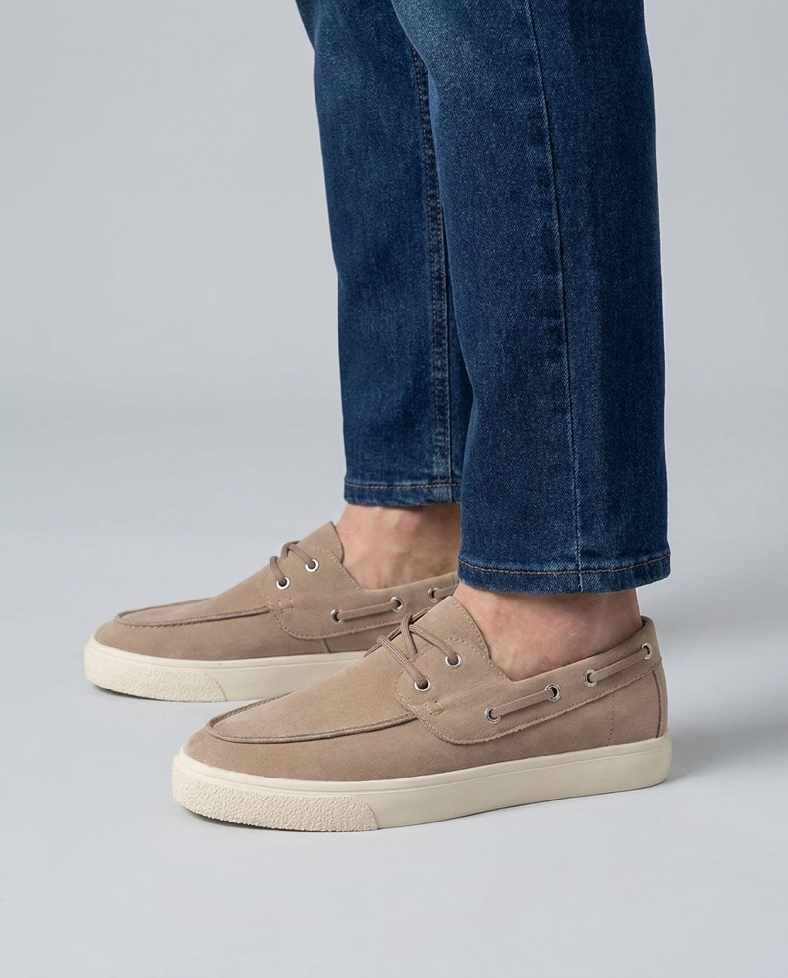 Harwich men's suede boat shoe sneakers in khaki with cream cupsole and silver eyelets