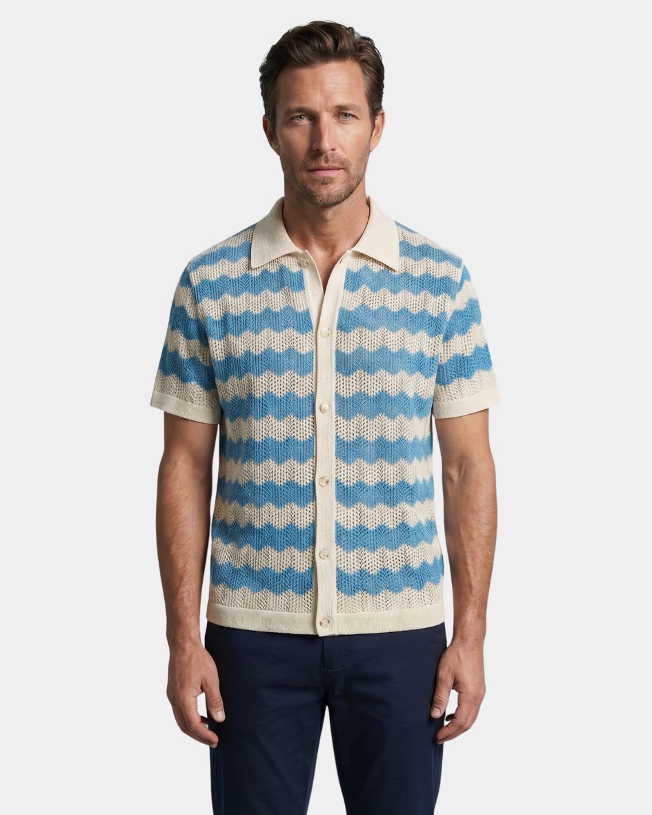 Man wearing a blue and beige striped shirt on a white background