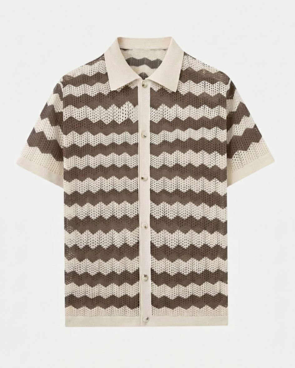 Knitted shirt with brown and beige zigzag pattern on a white background