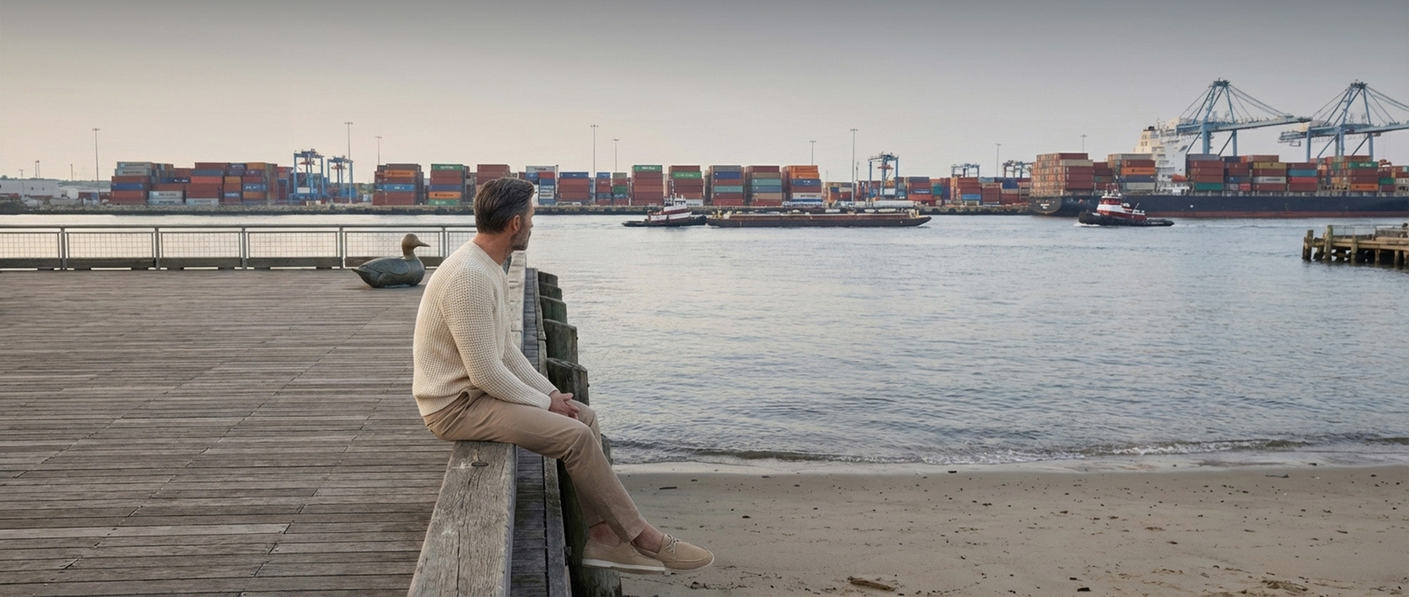 Man sitting at harbour front wearing Hudson & Tate boat shoes