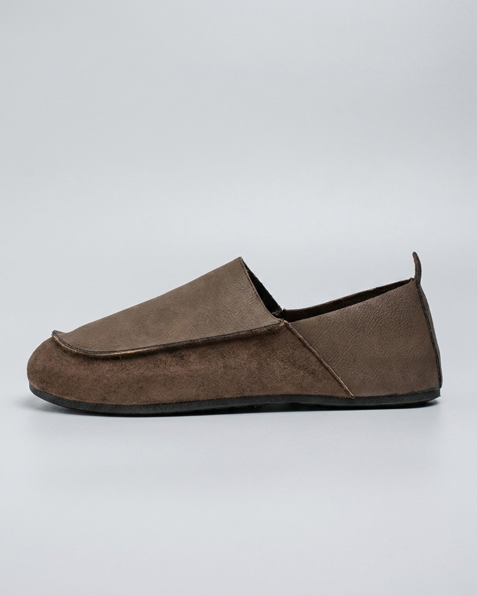 Side view of Luca men's brown relaxed slip-on loafer with contrast vamp panel
