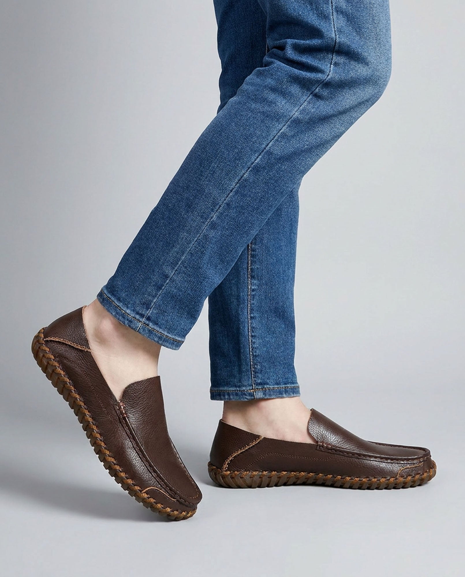 Marlow men's dark brown leather driving loafers styled with blue denim jeans