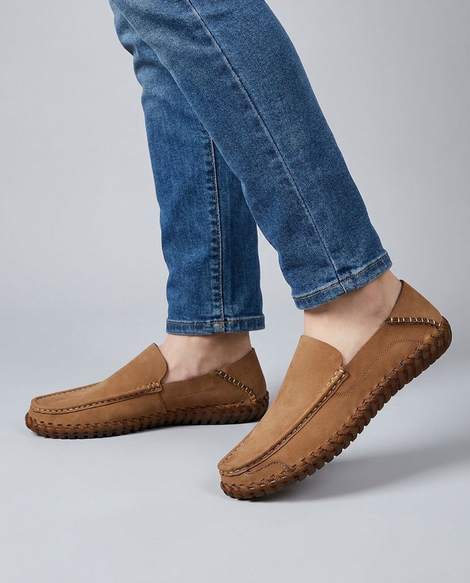 Marlow men's tan leather driving loafers styled with blue denim jeans