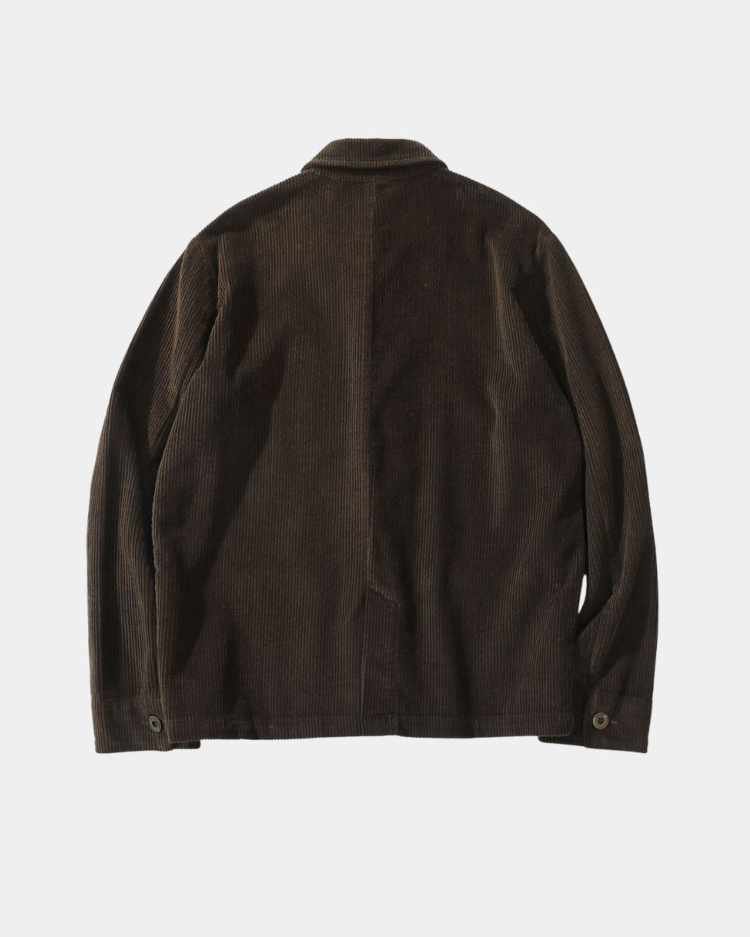 Back view of a brown men's chore jacket in soft ribbed cotton corduroy with a relaxed fit and button cuffs.
