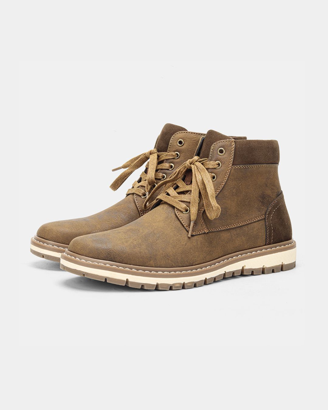 Men's brown lace-up ankle boots with a round toe, padded collar, side zipper, and a contrast rubber lug sole.
