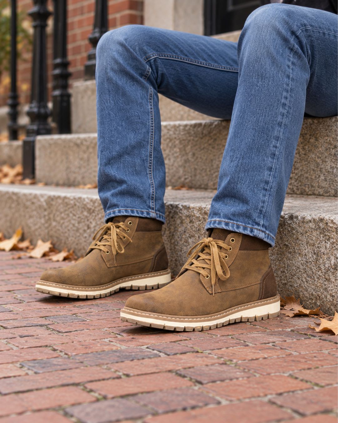 Men’s brown lace-up ankle boots with a round toe, padded collar, and contrast rubber sole worn with blue jeans.
