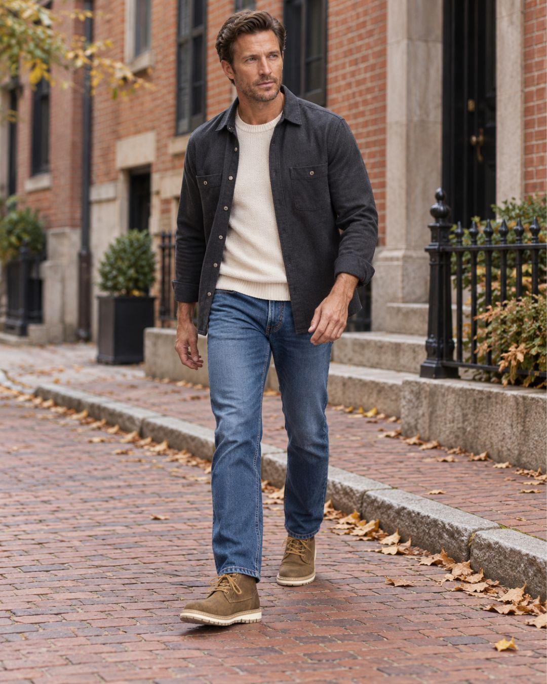Men’s brown lace-up ankle boots with a round toe, padded collar, side zipper, and contrast rubber sole worn with jeans.