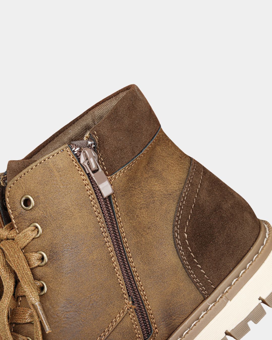 Brown lace-up ankle boots featuring a side zipper, padded collar, and contrast rubber sole.