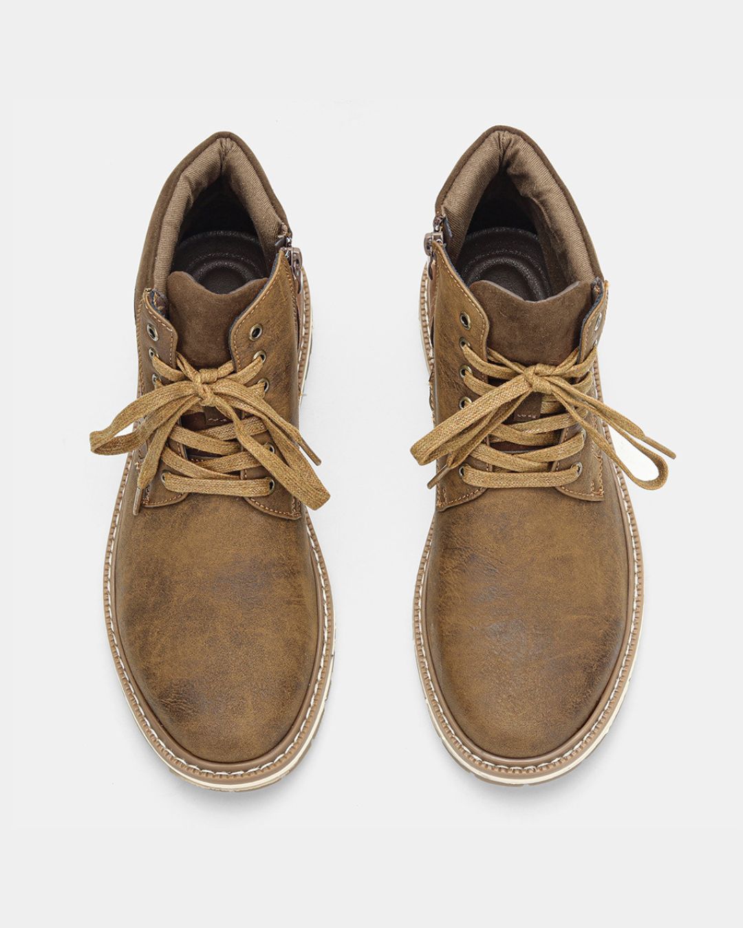 Men’s brown lace-up ankle boots with round toes, padded collars, side zippers, and contrast rubber soles.