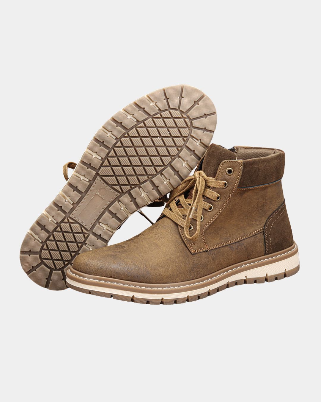 Men’s brown lace-up ankle boots with a side zipper, padded collar, and a durable, textured rubber outsole.